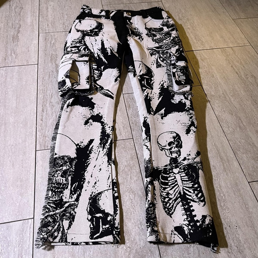 Rebel Minds Vengeance Pants Mens 30x30 Beige Skeleton Tapestry Cargo Goth Art